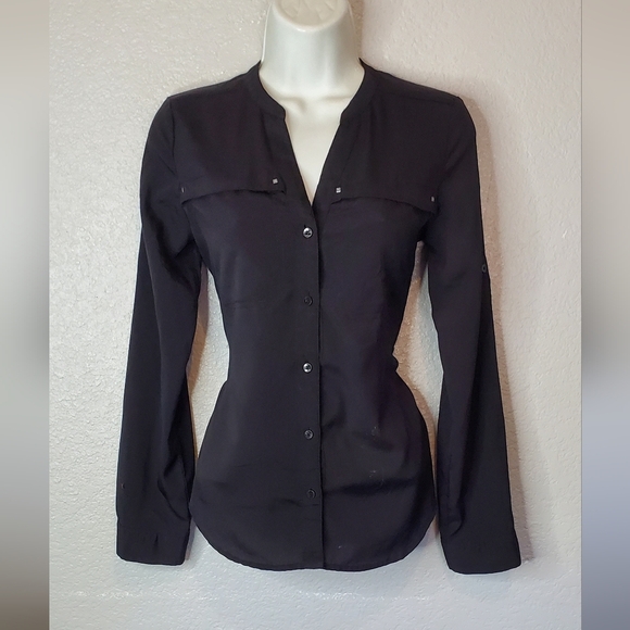 💚5/$25 Attention Studded Black Fitted Long Sleeve Button Down Shirt Size XS - Picture 1 of 6